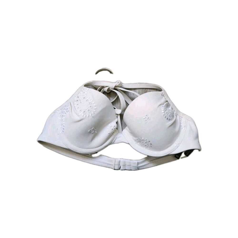 Aerie Swim Blakely Bikini Top White Embroidered Flowers Underwire Halter Sz 32B